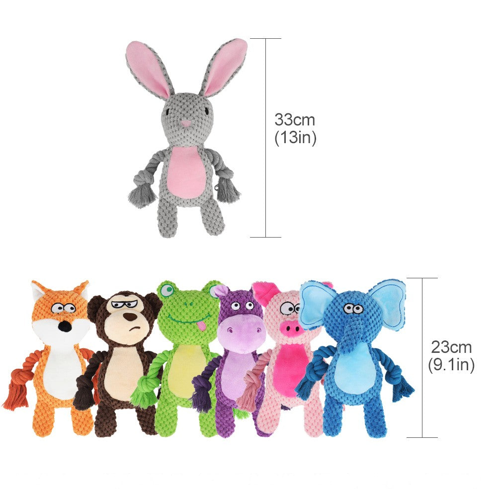 Knotted plush dog toy sizes: bunny about 33 cm (13 in), other animals about 23 cm (9.1 in)