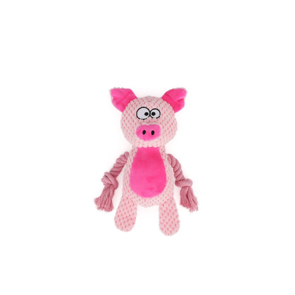 Pink pig knotted plush dog toy with rope arms and legs