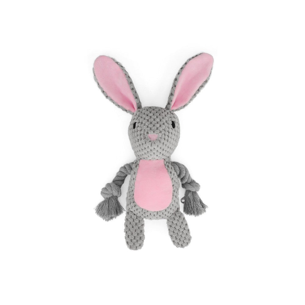 Gray bunny knotted plush dog toy with long pink ears