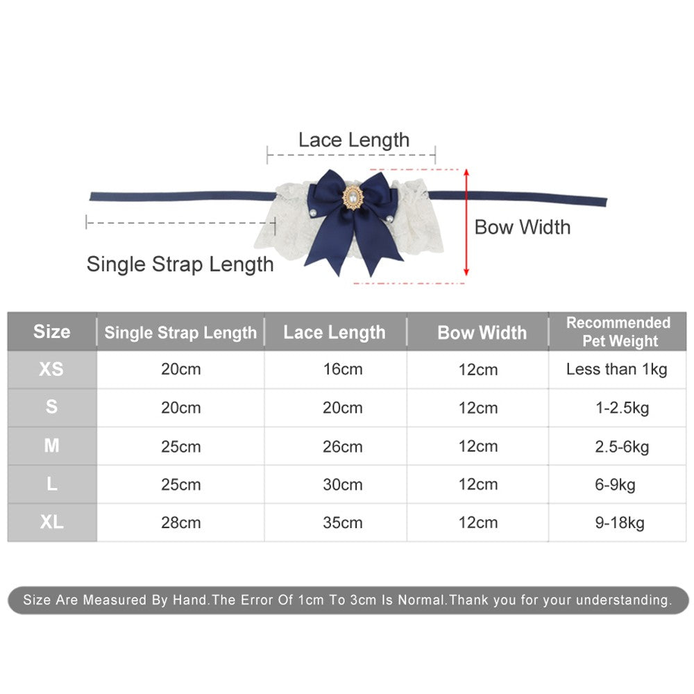 Lace bow collar size chart with strap length, lace length and bow width