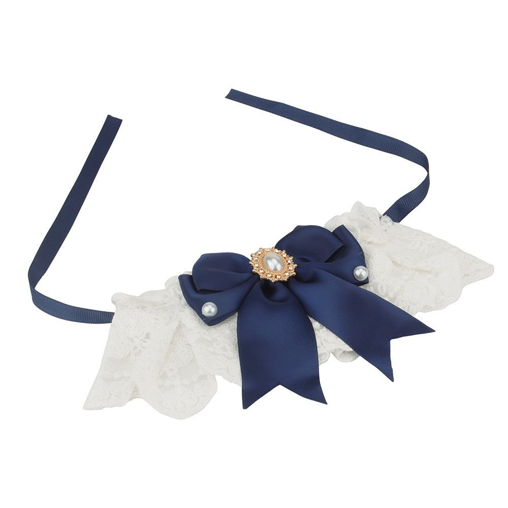 Navy lace bow collar with long satin ribbon ties