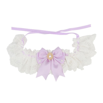 Lilac satin bow on a white lace bow cat collar with ribbon ties