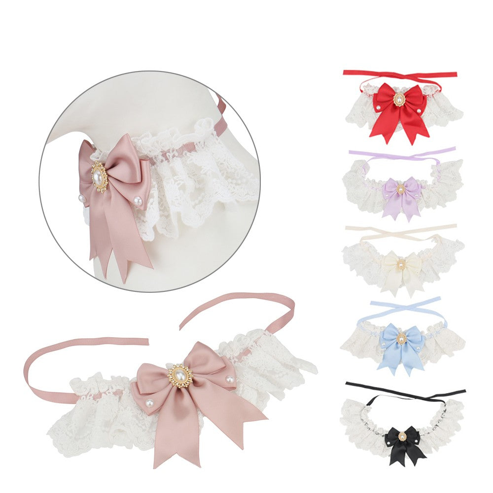 Dusty pink lace bow cat collar with pearl brooch and the colour range