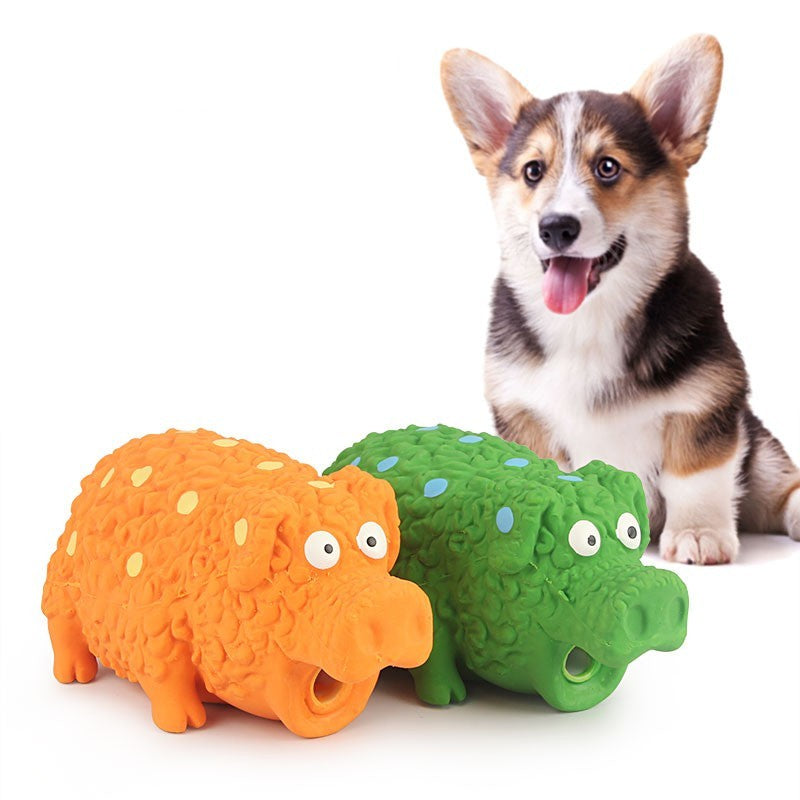 Corgi with orange and green squeaky latex pig toys