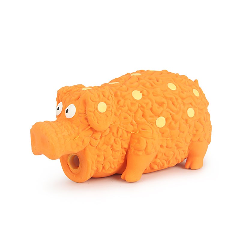 Orange latex pig dog toy with yellow spots