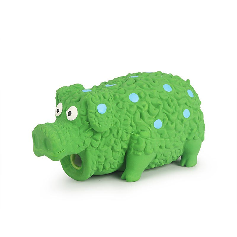 Side view of the green squeaky pig toy