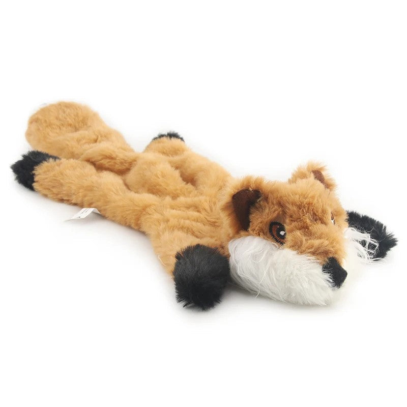 Orange fox plush dog toy with black paws
