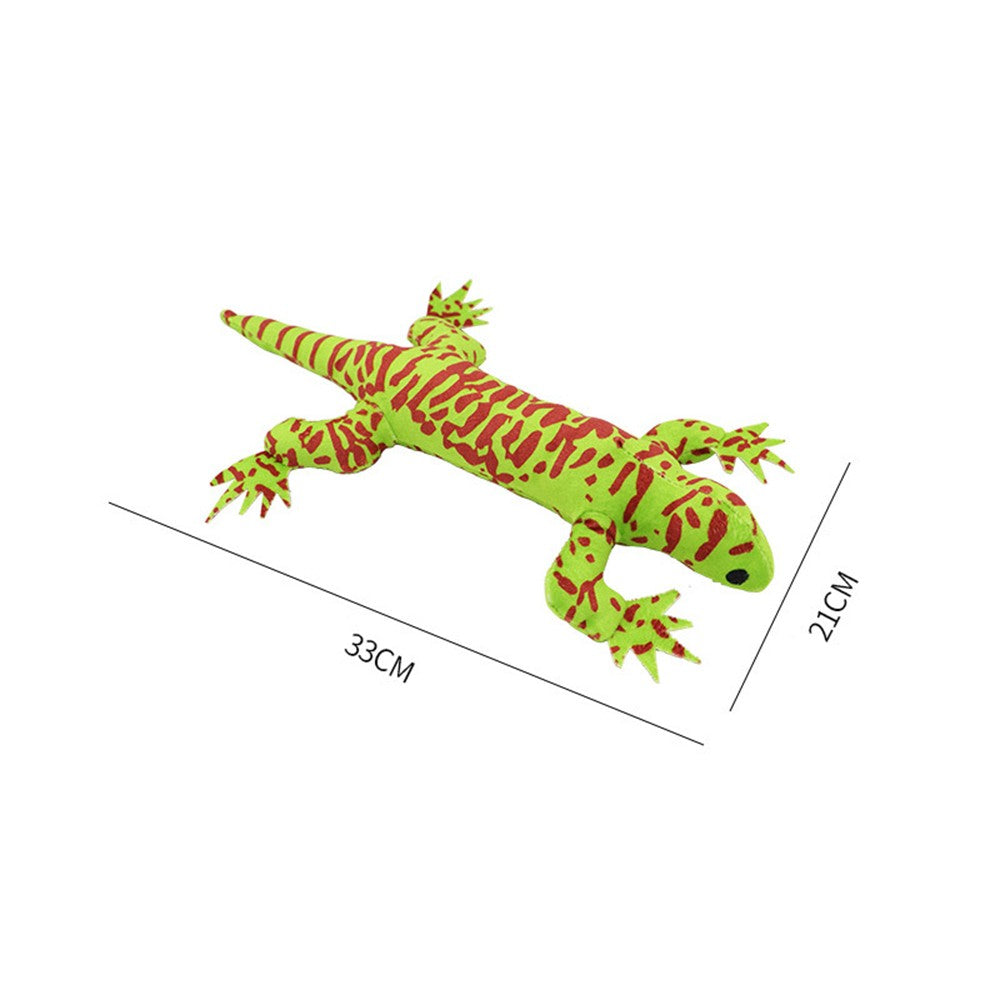 Lime green plush lizard cat toy, about 34 by 20 cm