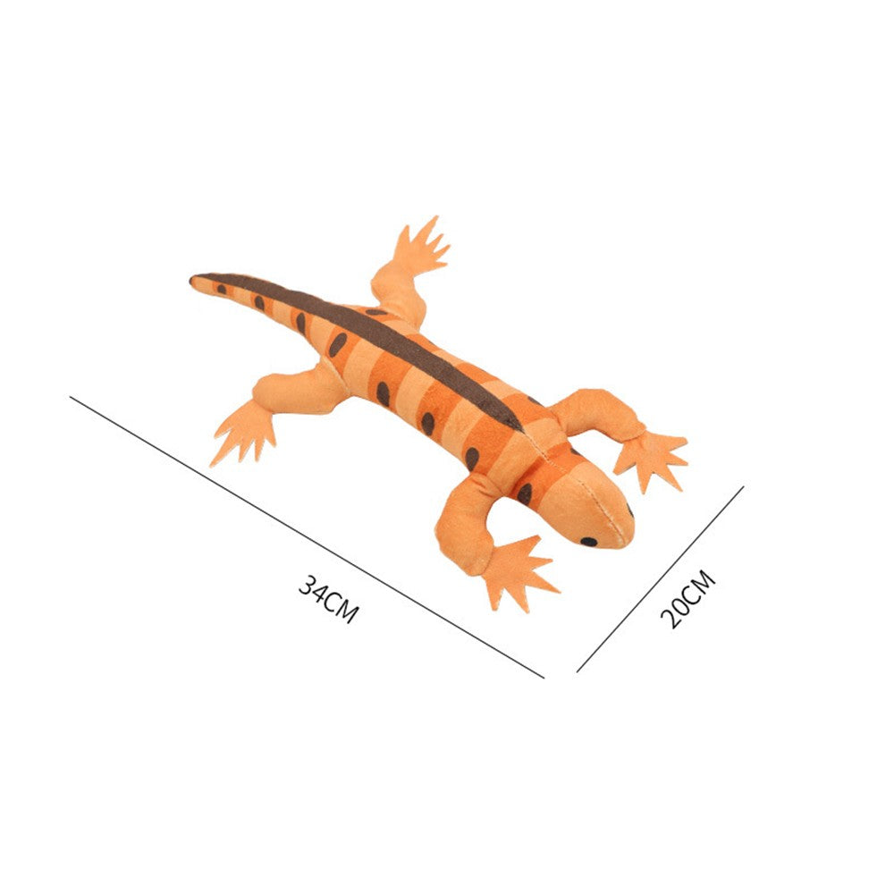 Orange plush lizard cat toy, about 34 by 20 cm