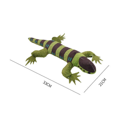 Dark green plush lizard cat toy, about 33 by 20 cm
