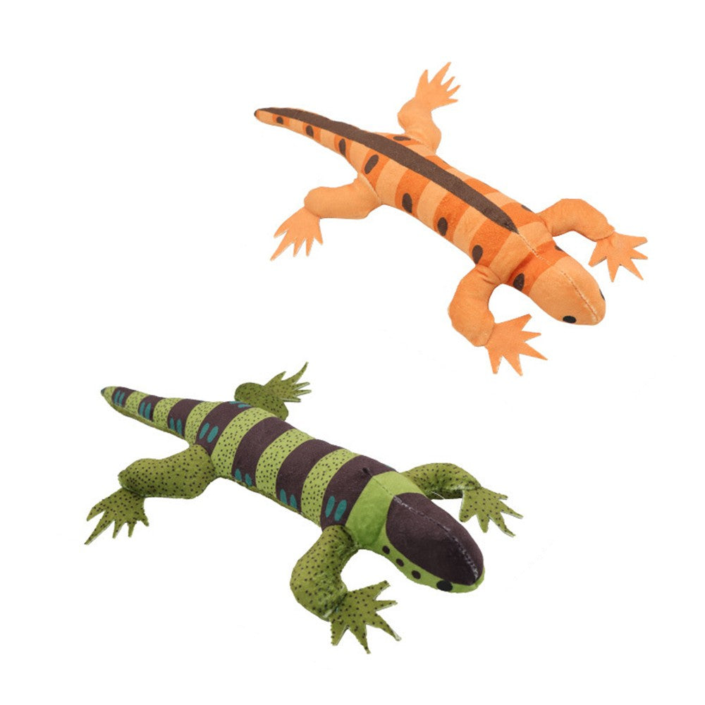 Two pack of lizard cat toys in orange and dark green