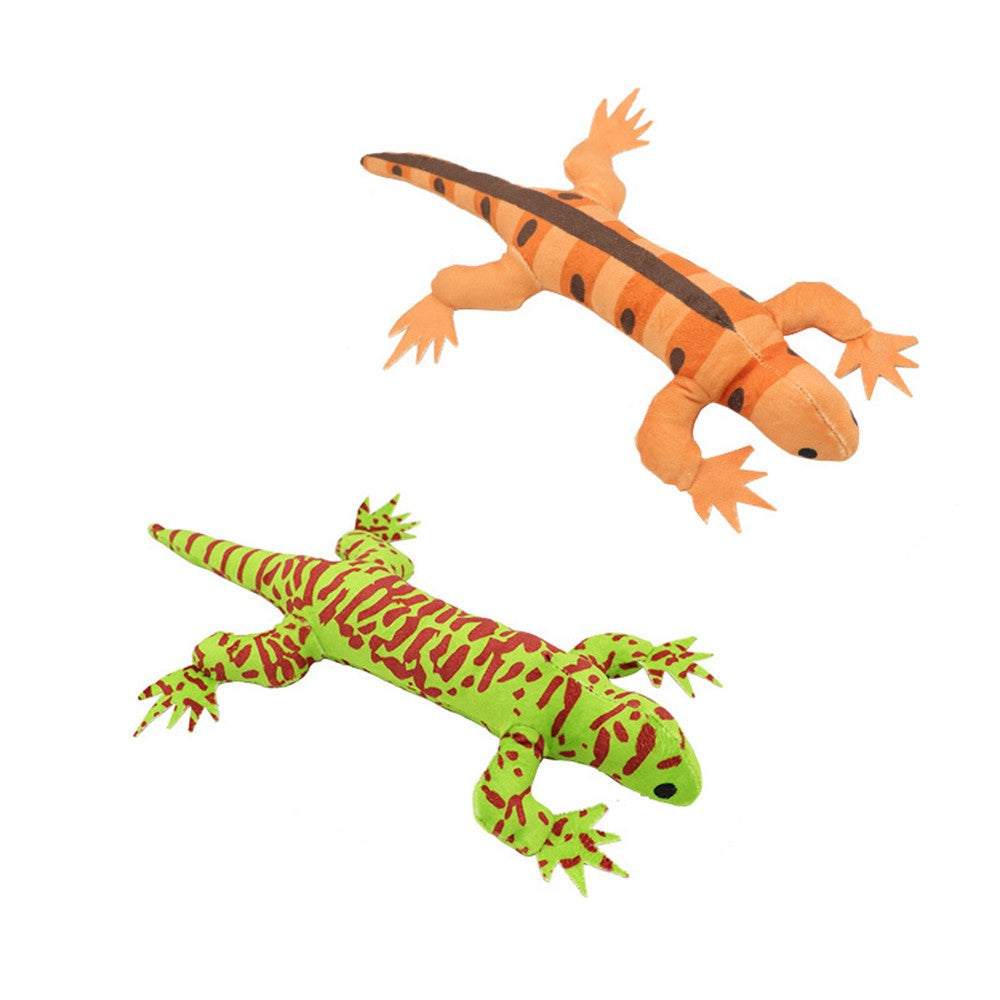Two pack of lizard cat toys in orange and lime green