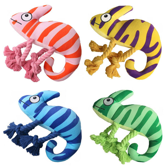 Four striped chameleon lizard dog toys in pink, yellow, blue and green