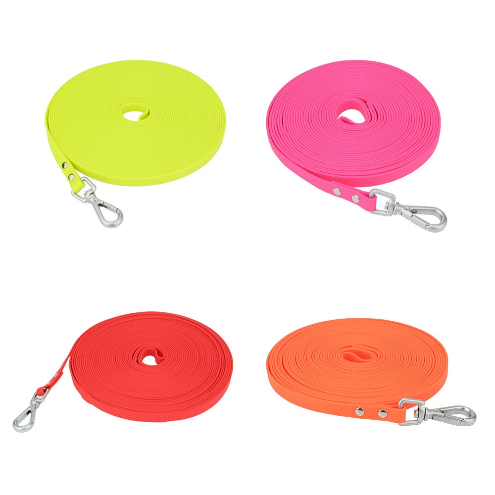Neon yellow, pink, red and orange long leashes side by side
