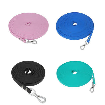 Lilac, blue, black and teal long leashes side by side