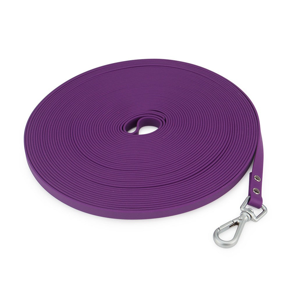 Purple long PVC dog leash coiled