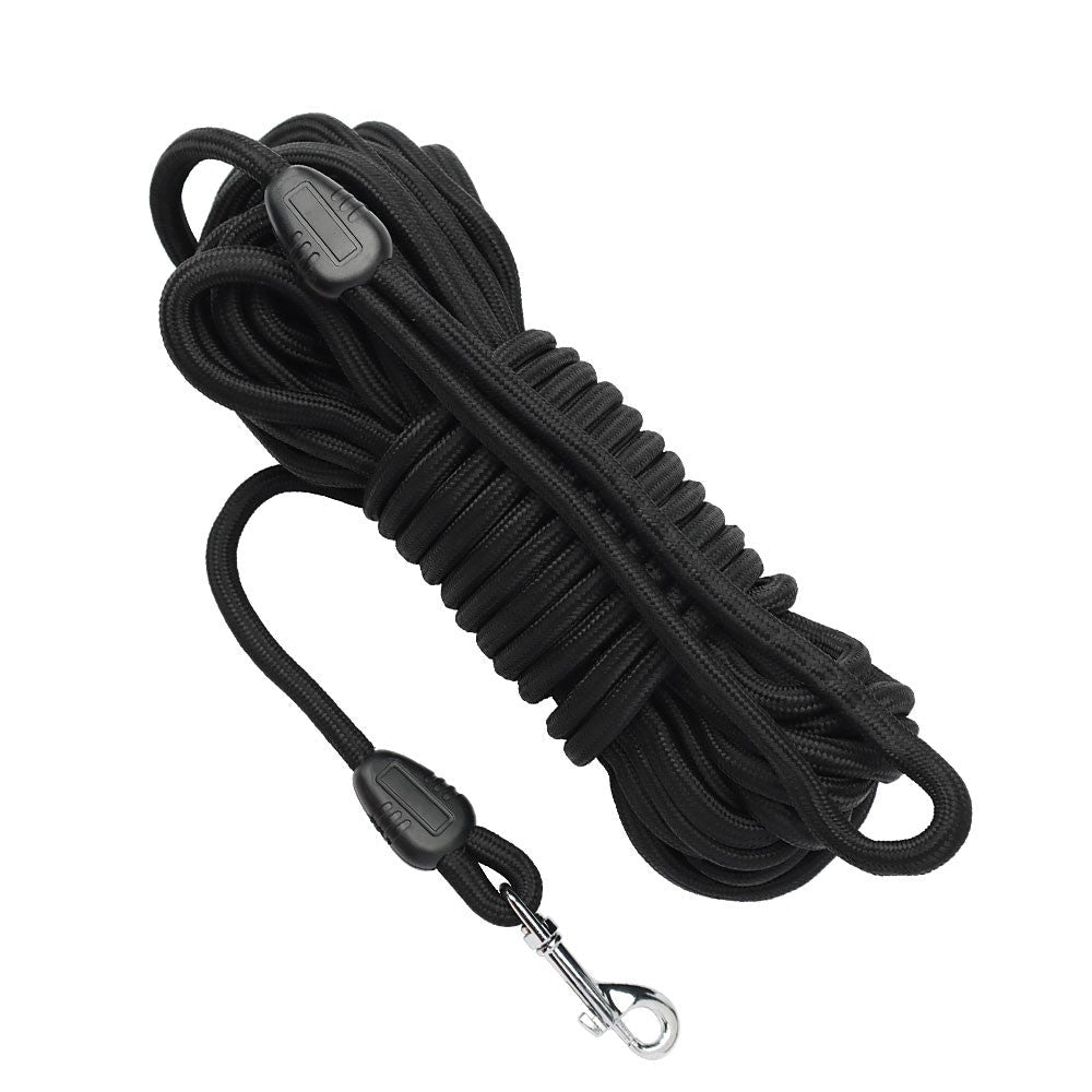 Black long line dog leash with rope loop handle and swivel clip