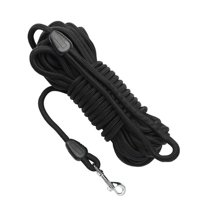 Black long line dog leash with rope loop handle and swivel clip