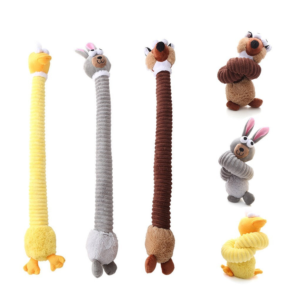 Long neck squeaky plush duck, bunny and platypus dog toys