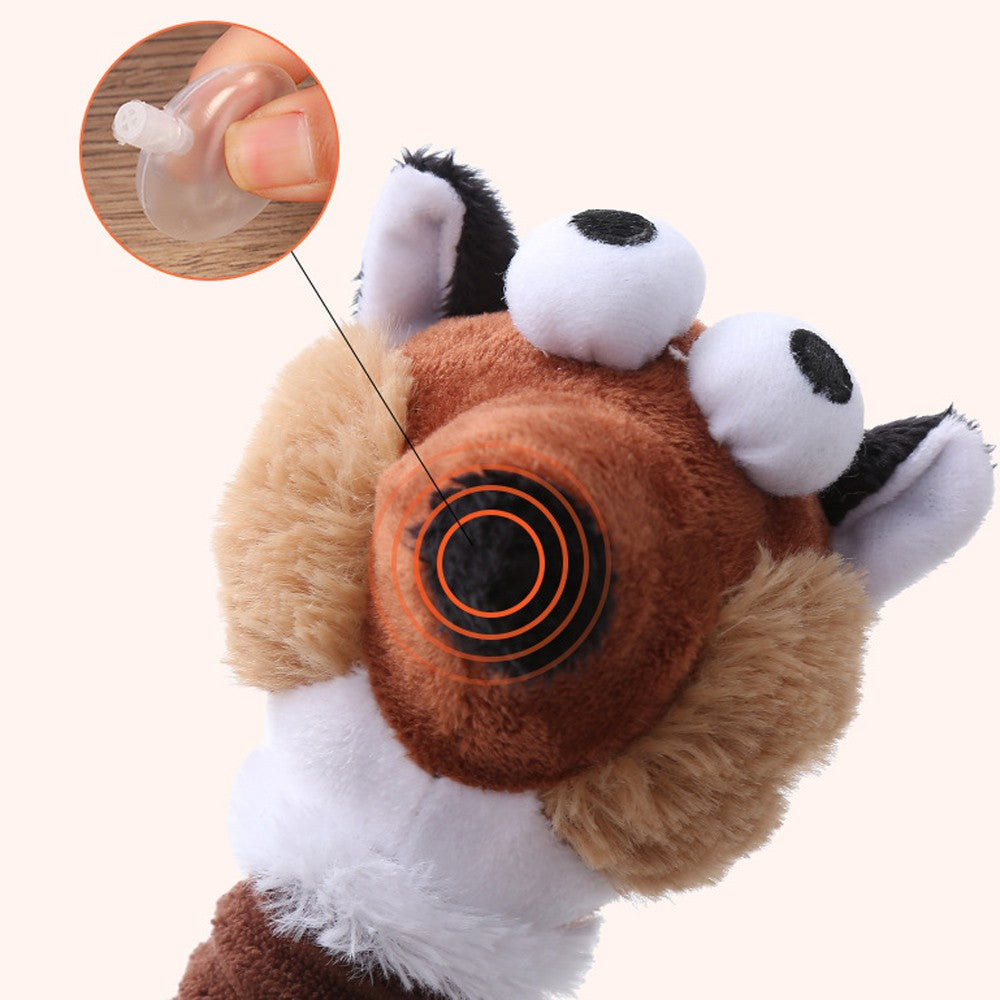 Close-up of the squeaker inside the head of the long neck dog toy