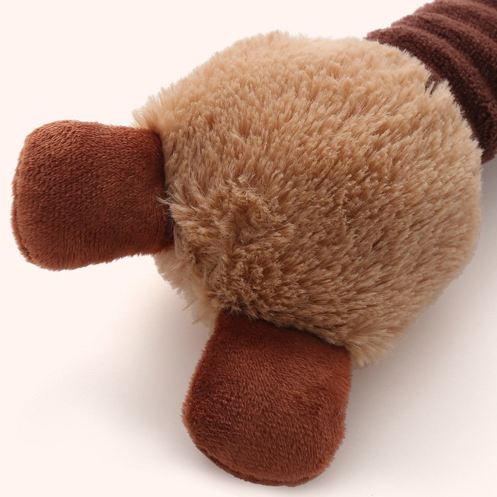 Close-up of the soft plush tail on the brown platypus toy