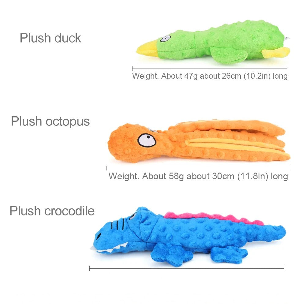 Size guide: duck 26 cm, octopus 30 cm, crocodile 35 cm long