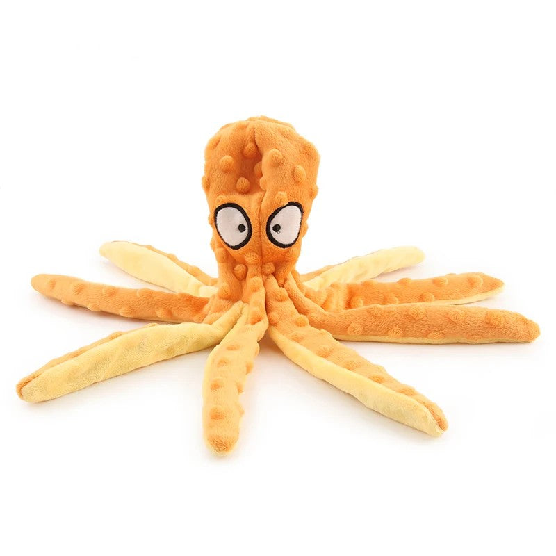 Orange octopus dog toy with long dotted legs