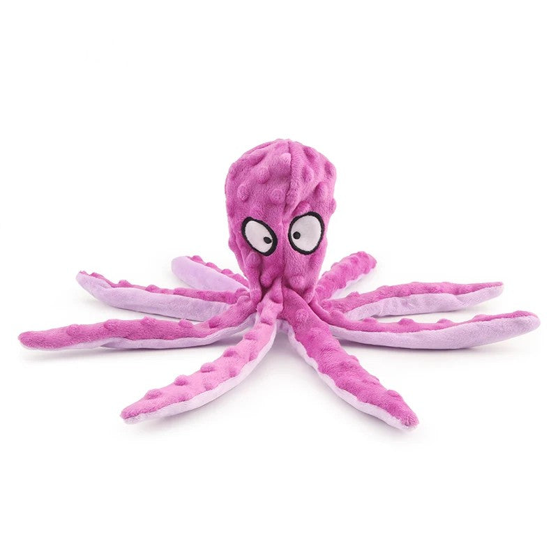 Purple octopus dog toy with long dotted legs
