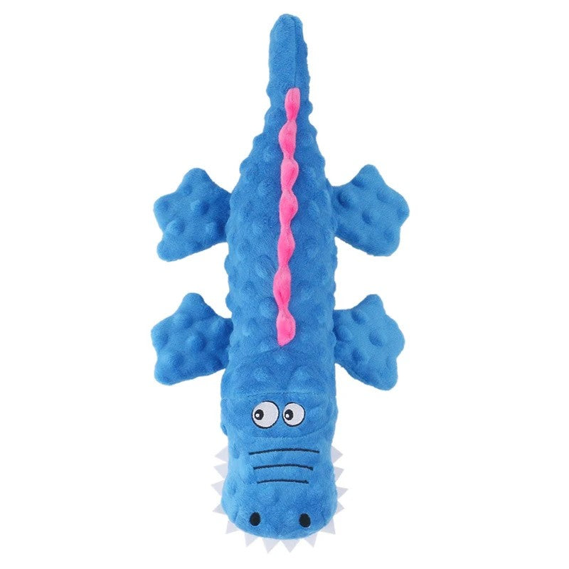 Blue crocodile dog toy with pink spikes