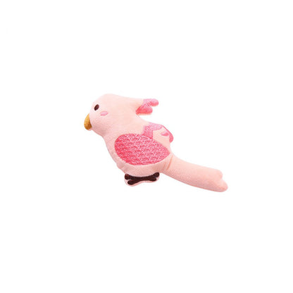 Pink plush parrot cat toy, about 9 by 14 cm