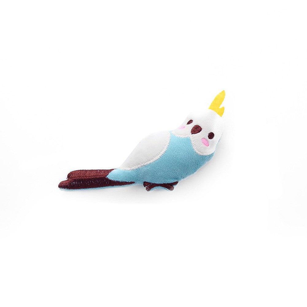 Blue plush parrot cat toy, about 8 by 17 cm