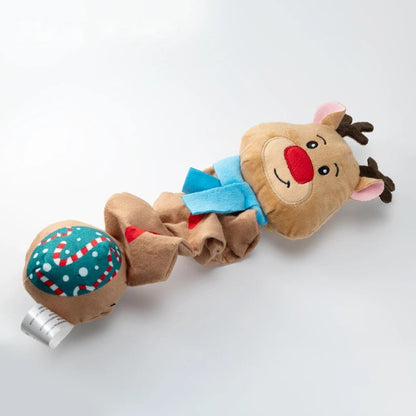 Reindeer dog toy in brown with blue scarf and patterned ball end