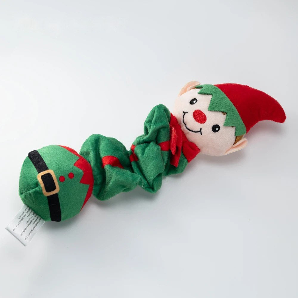 Elf dog toy in green with red hat and belt-pattern ball end