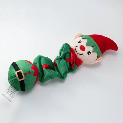 Elf dog toy in green with red hat and belt-pattern ball end