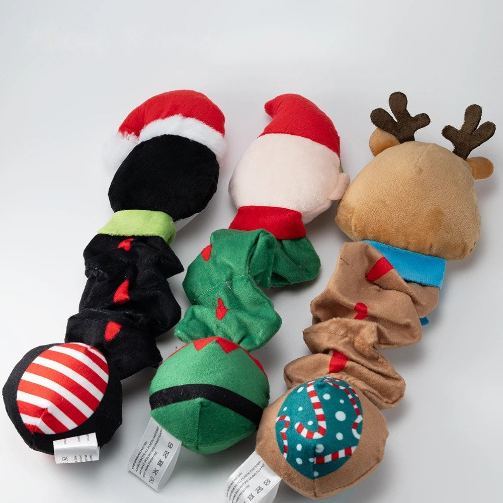 Back view of the three squeaky fleece toys showing the scrunched bodies