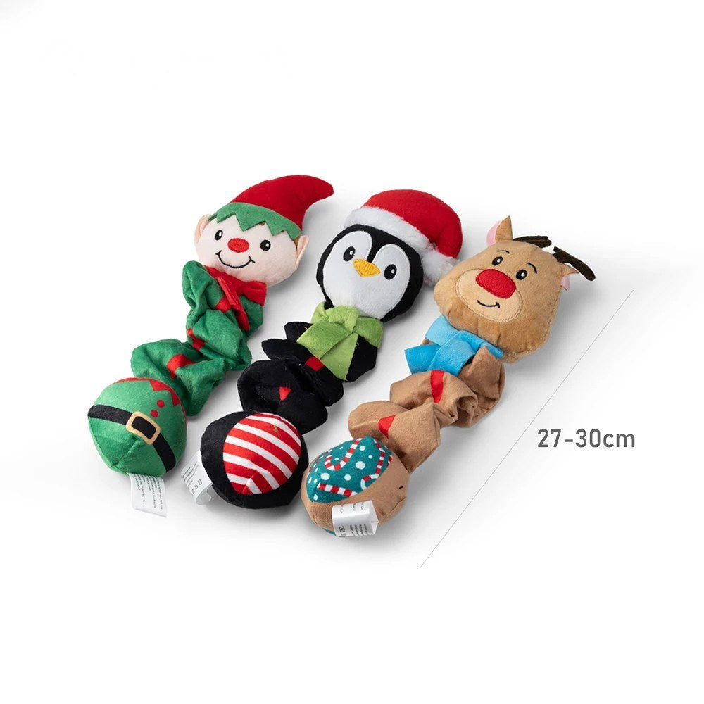 Elf, penguin and reindeer dog toys measuring about 27 to 30 cm long