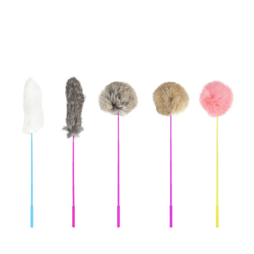 Five plush ball cat teaser sticks with fluffy balls and plush tails in random colours