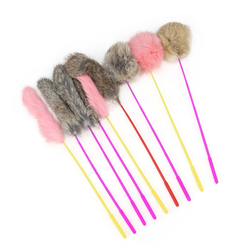 Plush ball cat teasers and fluffy tail sticks in pink, gray and brown