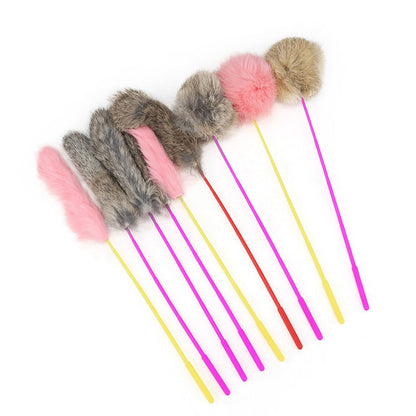 Plush ball cat teasers and fluffy tail sticks in pink, gray and brown