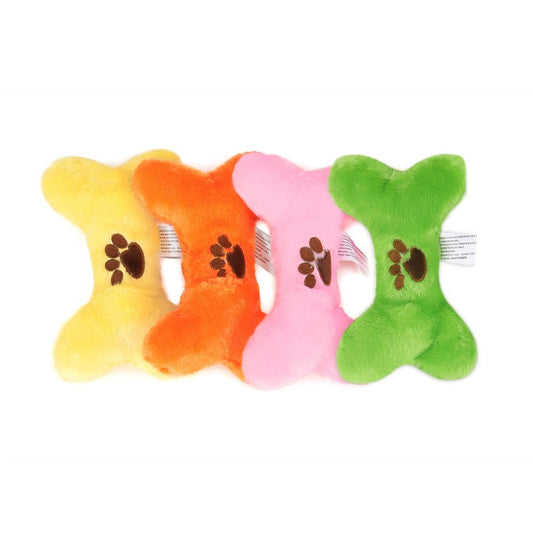 Four plush bone dog toys in yellow, orange, pink and green with paw prints