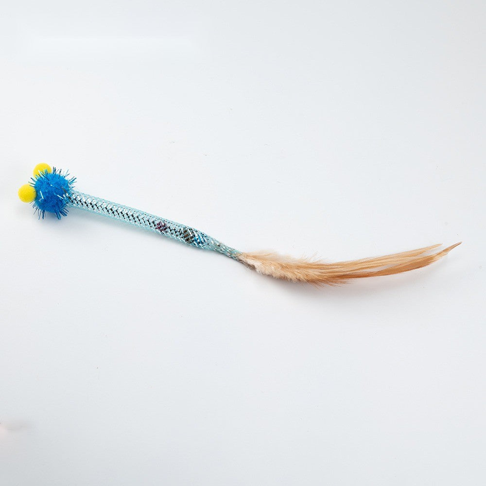 Single blue pom-pom toy with a long feather tail