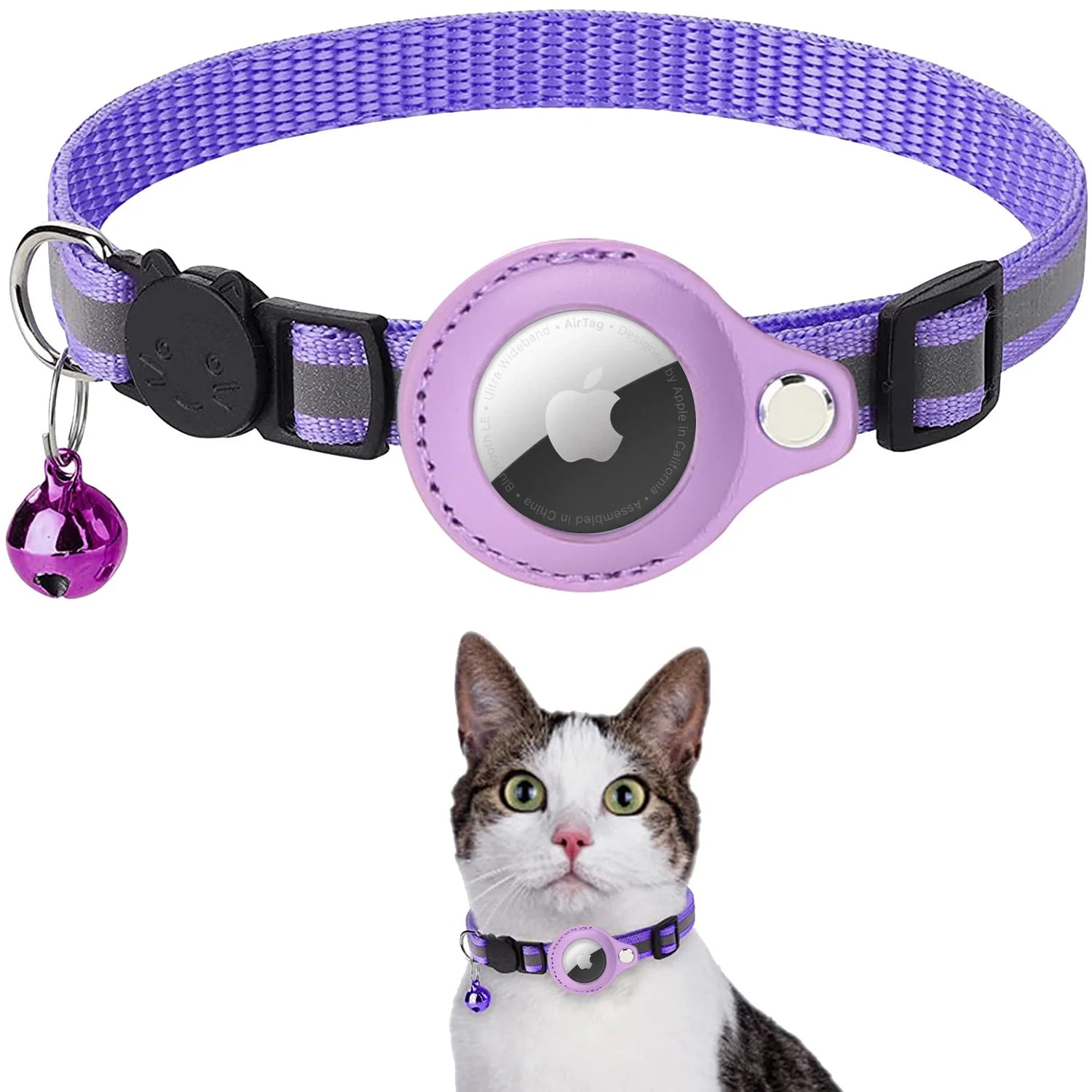 purple airtag cat collar, breakaway cat collar with airtag holder, 