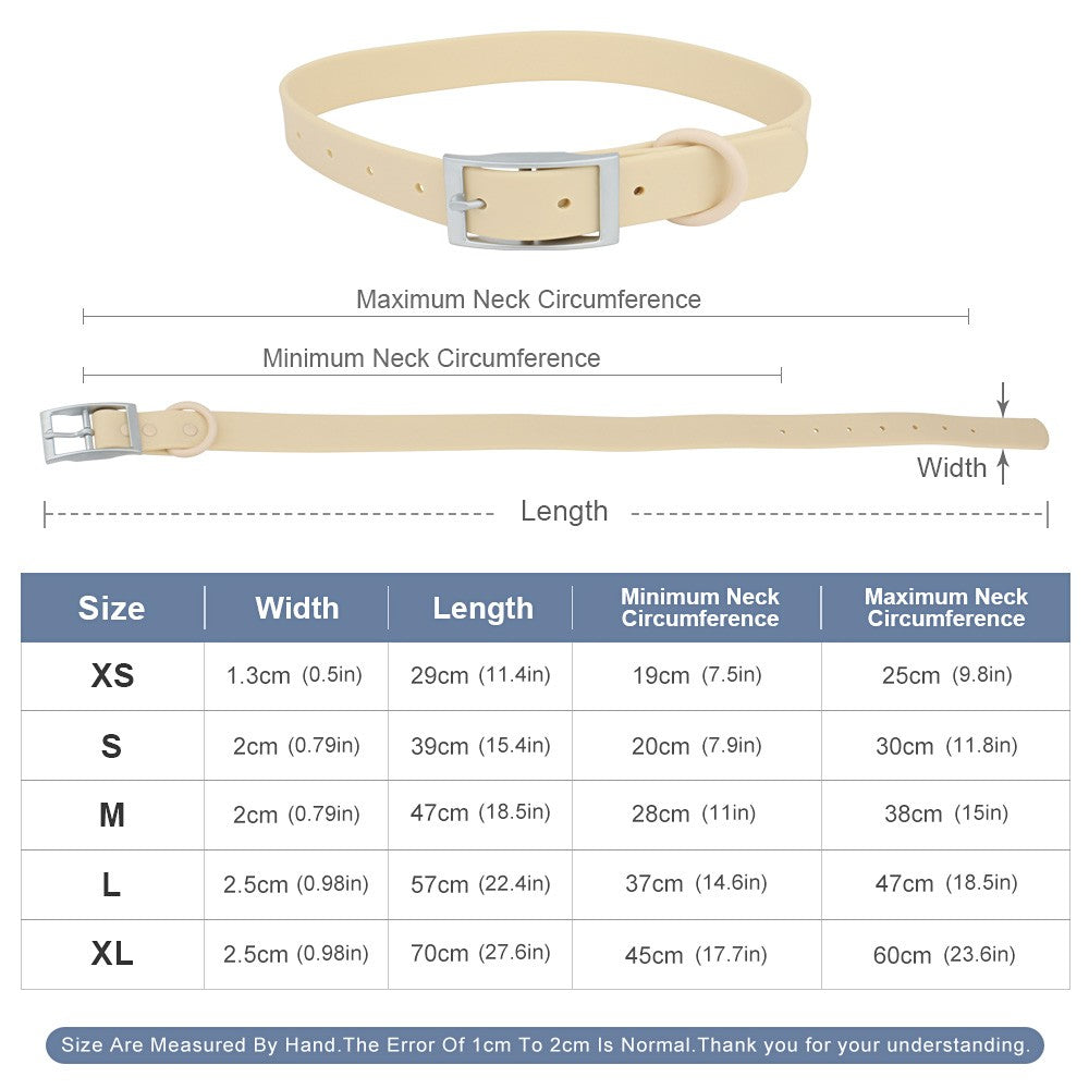PVC collar size chart for XS to XL with width, length and neck size