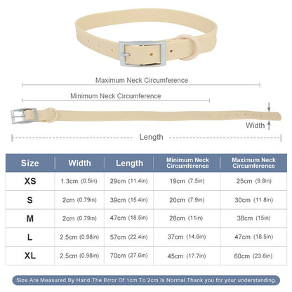 PVC collar size chart for XS to XL with width, length and neck size