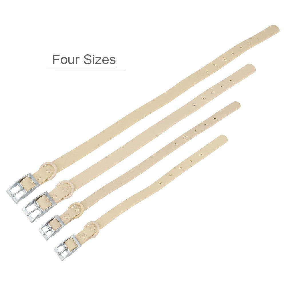 Four sizes of the beige waterproof collar laid side by side