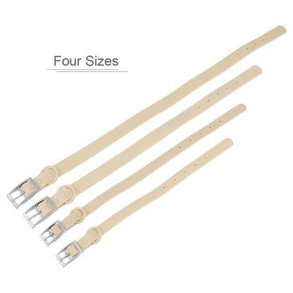 Four sizes of the beige waterproof collar laid side by side
