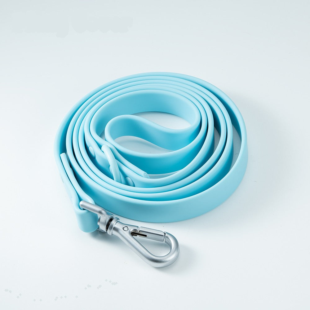 Sky blue PVC dog leash coiled in a hand-sized loop