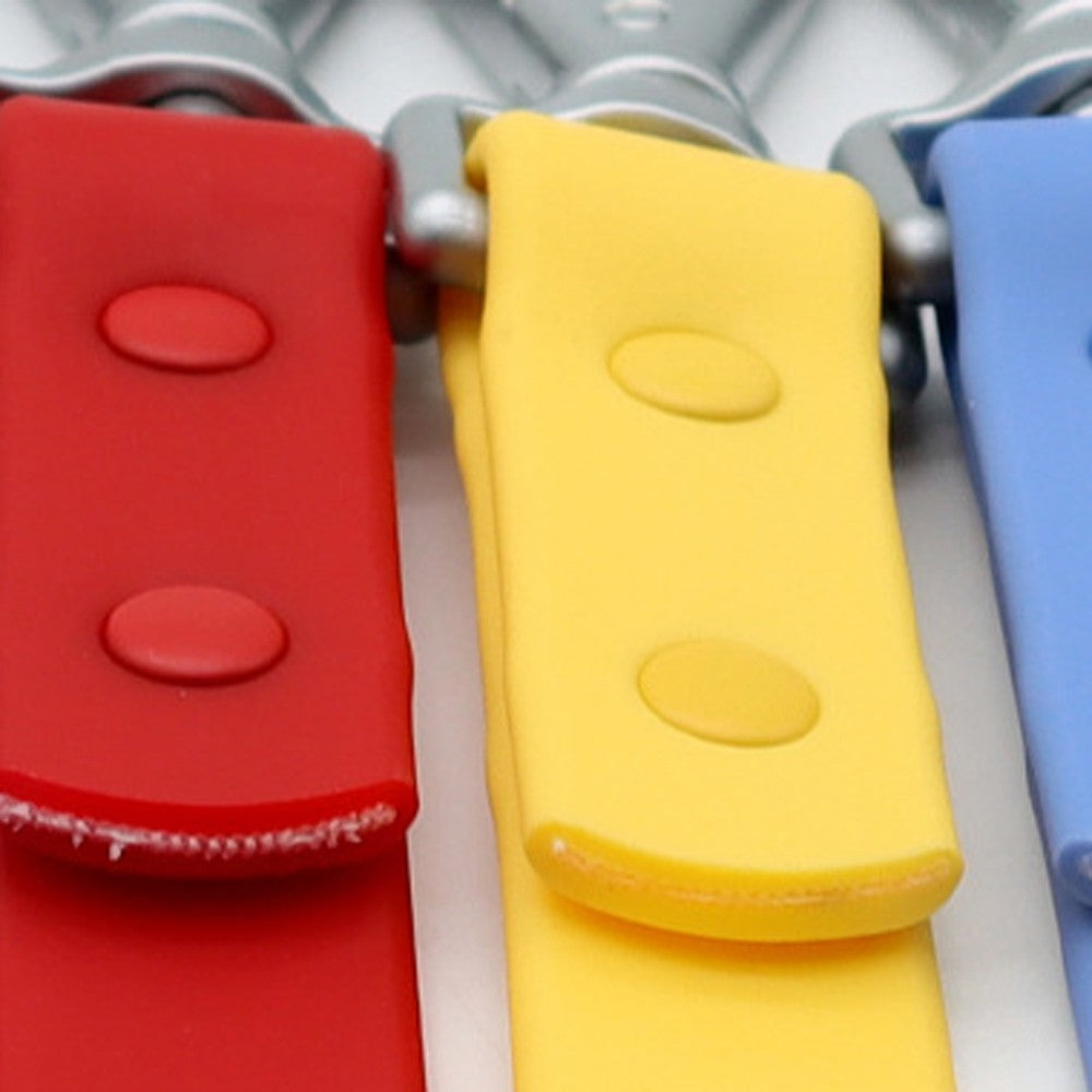 Red and yellow PVC straps showing the riveted stitch-free joins