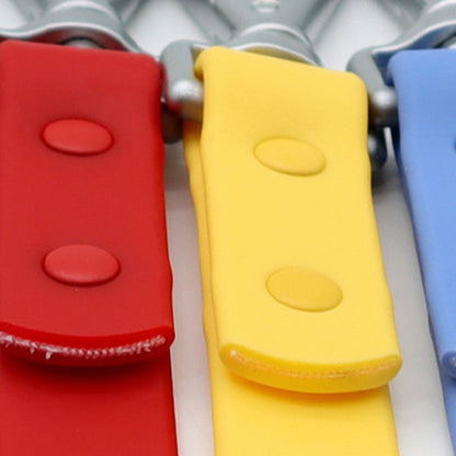 Red and yellow PVC straps showing the riveted stitch-free joins