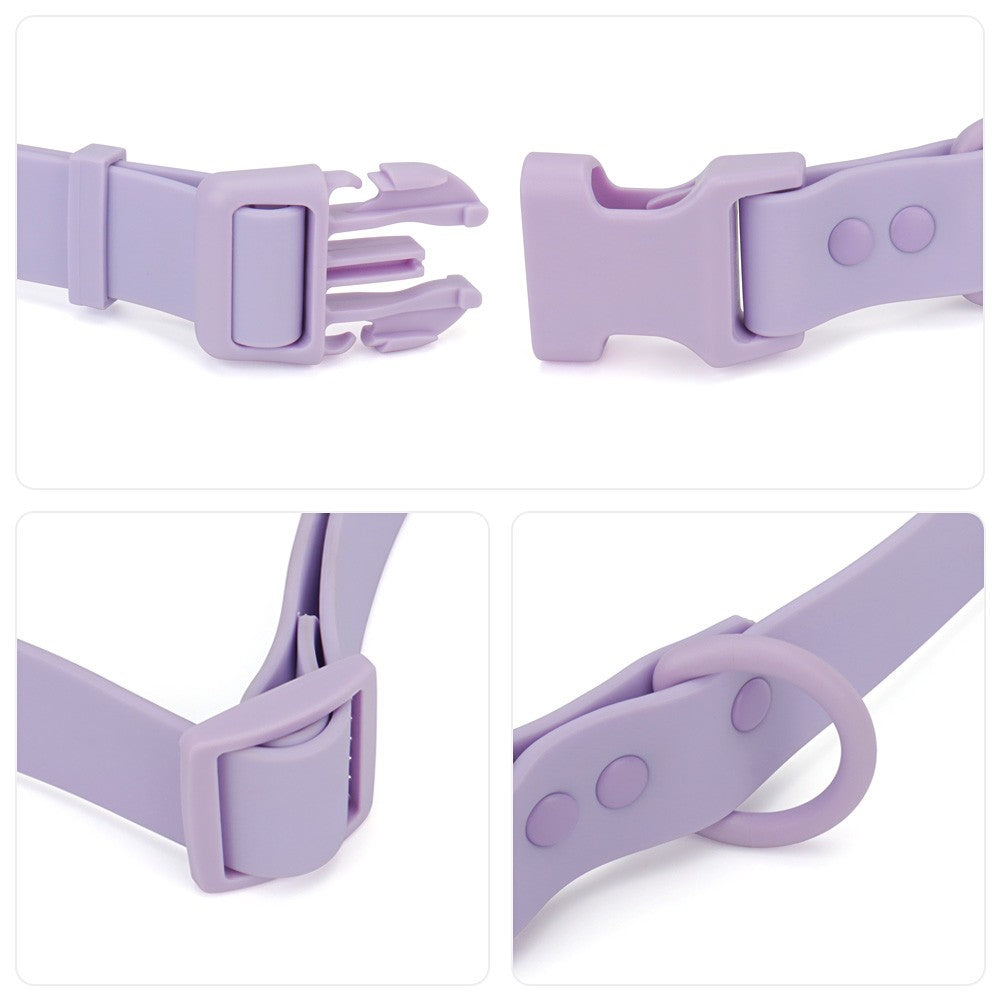 Close-up of the side-release buckle and D-ring on the lilac collar